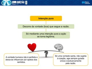 Intenção pura
Só mediante uma intenção pura a ação
se torna legítima.
Decorre da vontade (boa) que segue a razão.
Só uma vontade santa, não sujeita
à coação, age sempre guiada
única e exclusivamente
pela razão.
A vontade humana não é perfeita e
deixa-se influenciar por apelos dos
sentidos.
 