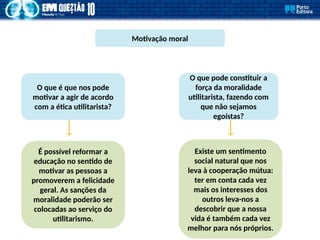 Motivação moral
É possível reformar a
educação no sentido de
motivar as pessoas a
promoverem a felicidade
geral. As sanções da
moralidade poderão ser
colocadas ao serviço do
utilitarismo.
O que é que nos pode
motivar a agir de acordo
com a ética utilitarista?
O que pode constituir a
força da moralidade
utilitarista, fazendo com
que não sejamos
egoístas?
Existe um sentimento
social natural que nos
leva à cooperação mútua:
ter em conta cada vez
mais os interesses dos
outros leva-nos a
descobrir que a nossa
vida é também cada vez
melhor para nós próprios.
 