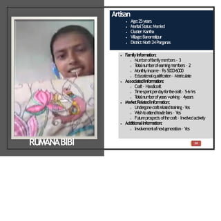54
Artisan
 Age:25years
 Marit
alSt
at
us:Married
 Clust
er:Kant
ha
 Village:Banam
alipur
 Dist
rict
:North24Parganas
 FamilyInformation:
o Num
beroffam
ilym
em
bers– 3
o T
ot
alnum
berofearningm
em
bers– 2
o Mont
hlyincom
e– Rs5000-6000
o Educat
ionalqualificat
ion– Mat
riculat
e
 Associate
dInformation:
o Craft– Handicraft
o Tim
espentperdayfort
hecraft– 5-6hrs
o T
ot
alnum
berofyearsw
orking– 4years
 MarketRelatedInform
ation:
o Undergonecraftrelat
edt
raining–Y
es
o Wisht
oat
t
endt
radefairs– Y
es
o Fut
ureprospect
soft
hecraft– Involvedact
ively
 AdditionalInform
ation:
o Involvem
entofnextgeneration– Y
es
RUMANABIBI
 