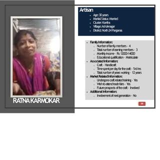 58
Artisan
 Age:30years
 Marit
alSt
at
us:Married
 Clust
er:Kant
ha
 Village:Ashoknagar
 Dist
rict
:North24Parganas
 FamilyInformation:
o Num
beroffam
ilym
em
bers– 4
o T
ot
alnum
berofearningm
em
bers– 3
o Mont
hlyincom
e– Rs12000-14000
o Educat
ionalqualificat
ion– Mat
riculat
e
 Associate
dInformation:
o Craft– Handicraft
o Tim
espentperdayfort
hecraft– 5-6hrs
o T
ot
alnum
berofyearsw
orking– 12years
 MarketRelatedInform
ation:
o Undergonecraftrelat
edt
raining– Y
es
o Wisht
oat
t
endt
radefairs– Y
es
o Fut
ureprospect
soft
hecraft– Involved
 AdditionalInform
ation:
o Involvem
entofnextgeneration– No
RA
TNAKARMOKAR
 