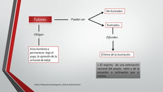 Tutores. Pueden ser
No ilustrados.
Ilustrados.
Difunden.
Ellema de la ilustración.
= El espíritu de una estimación
racional del propio valor y de la
vocación o inclinación por si
mismo.
Obligan
Alos hombresa
permanecer bajo el
yugo, la opresiónde la
armonía de edad.
Kant,I: Respuestaalapregunta: ¿Qué es laIlustración?.
 