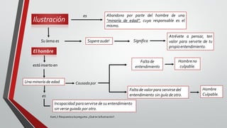 Ilustración
es Abandono por parte del hombre de una
“minoría de edad”, cuyo responsable es el
mismo.
Su lema es Sapere aude! Significa
Atrévete a pensar, ten
valor para servirte de tu
propioentendimiento.
Elhombre
está inserto en
Una minoría de edad Causadapor
Falta de
entendimiento
Hombreno
culpable.
Falta de valor para servirse del
entendimiento sin guía de otro.
Hombre
Culpable.es
Incapacidad para servirse de su entendimiento
sinverse guiado por otro.
Kant,I: Respuestaalapregunta: ¿Qué es laIlustración?.
 