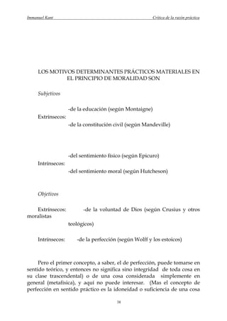 Immanuel Kant                                           Crítica de la razón práctica




     LOS MOTIVOS DETERMINANTES PRÁCTICOS MATERIALES EN
              EL PRINCIPIO DE MORALIDAD SON

     Subjetivos

                    -de la educación (según Montaigne)
     Extrínsecos:
                    -de la constitución civil (según Mandeville)




                    -del sentimiento físico (según Epicuro)
     Intrínsecos:
                    -del sentimiento moral (según Hutcheson)



     Objetivos

   Extrínsecos:           -de la voluntad de Dios (según Crusius y otros
moralistas
                    teológicos)

     Intrínsecos:      -de la perfección (según Wolff y los estoicos)



     Pero el primer concepto, a saber, el de perfección, puede tomarse en
sentido teórico, y entonces no significa sino integridad de toda cosa en
su clase trascendental) o de una cosa considerada simplemente en
general (metafísica), y aquí no puede interesar. (Mas el concepto de
perfección en sentido práctico es la idoneidad o suficiencia de una cosa

                                         38
 