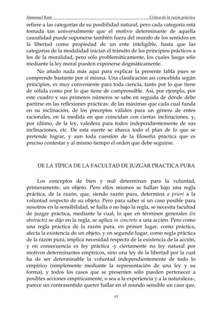 Immanuel Kant                                           Crítica de la razón práctica
refiere a las categorías de su posibilidad natural, pero cada categoría está
tomada tan universalmente que el motivo determinante de aquella
causalidad puede suponerse también fuera del mundo de los sentidos en
la libertad como propiedad de un ente inteligible, hasta que las
categorías de la modalidad inician el tránsito de los principios prácticos a
los de la moralidad, pero sólo problemáticamente, los cuales luego sólo
mediante la ley moral pueden exponerse dogmáticamente.
     No añado nada más aquí para explicar la presente tabla pues se
comprende bastante por sí misma. Una clasificación así concebida según
principios, es muy conveniente para toda ciencia, tanto por lo que tiene
de sólida como por lo que tiene de comprensible. Así, por ejemplo, por
este cuadro y sus primeros números se sabe en seguida de dónde debe
partirse en las reflexiones prácticas: de las máximas que cada cual funda
en su inclinación, de los preceptos válidos para un género de entes
racionales, en la medida en que coincidan con ciertas inclinaciones, y,
por último, de la ley, valedera para todos independientemente de sus
inclinaciones, etc. De esta suerte se abarca todo el plan de lo que se
pretende lograr, y aun toda cuestión de la filosofía práctica que es
preciso contestar y al mismo tiempo el orden que debe seguirse.



     DE LA TÍPICA DE LA FACULTAD DE JUZGAR PRACTICA PURA

     Los conceptos de bien y mal determinan para la voluntad,
primeramente, un objeto. Pero ellos mismos se hallan bajo una regla
práctica, de la razón, que, siendo razón pura, determina a priori a la
voluntad respecto de su objeto. Pero para saber si un caso posible para
nosotros en la sensibilidad, se halla o no bajo la regla, se necesita facultad
de juzgar práctica, mediante la cual, lo que en términos generales (in
abstracto) se dijo en la regla, se aplica in concreto a una acción. Pero como
una regla práctica de la razón pura, en primer lugar, como práctica,
afecta la existencia de un objeto, y en segundo lugar, como regla práctica
de la razón pura, implica necesidad respecto de la existencia de la acción,
y en consecuencia es ley práctica -y ciertamente no ley natural por
motivos determinantes empíricos, sino una ley de la libertad por la cual
ha de ser determinable la voluntad independientemente de todo lo
empírico (simplemente mediante la representación de una ley y su
forma), y todos los casos que se presenten sólo pueden pertenecer a
posibles acciones empíricamente, o sea a la experiencia y a la naturaleza-,
parece un contrasentido querer hallar en el mundo sensible un caso que,

                                        63
 