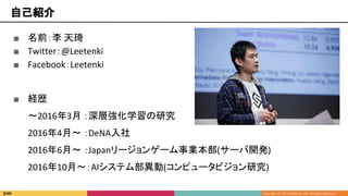 自己紹介
■ 名前：李 天琦
■ Twitter：@Leetenki
■ Facebook：Leetenki
■ 経歴
〜2016年3月 ：深層強化学習の研究
2016年4月〜 ：DeNA入社
2016年6月〜 ：Japanリージョンゲーム事業本部(サーバ開発)
2016年10月〜：AIシステム部異動(コンピュータビジョン研究)
 