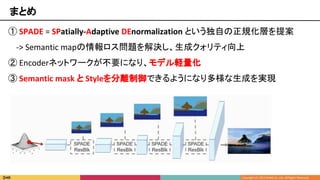 ① SPADE = SPatially-Adaptive DEnormalization という独自の正規化層を提案
　 -> Semantic mapの情報ロス問題を解決し、生成クォリティ向上
② Encoderネットワークが不要になり、モデル軽量化
③ Semantic mask と Styleを分離制御できるようになり多様な生成を実現
まとめ
 