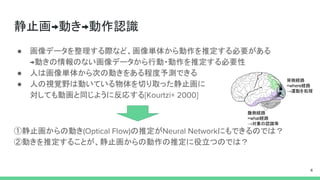 静止画→動き→動作認識
● 画像データを整理する際など、画像単体から動作を推定する必要がある
→動きの情報のない画像データから行動・動作を推定する必要性
● 人は画像単体から次の動きをある程度予測できる
● 人の視覚野は動いている物体を切り取った静止画に
対しても動画と同じように反応する[Kourtzi+ 2000]
①静止画からの動き(Optical Flow)の推定がNeural Networkにもできるのでは？
②動きを推定することが、静止画からの動作の推定に役立つのでは？
4
背側経路
=where経路
→運動を処理
腹側経路
=what経路
→対象の認識等
 