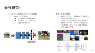 先行研究:
● Image から動き(Optical flow)を推定
○ Walker+ ECCV 2016
■ CNNを用いた分類で解く
■ ピクセルごとに、方向及び
強度の分類を行う
6
● 画像→画像の変換
○ 画像入力に対して、画像を出力する研究が
GANの発明以降、盛ん
○ Encoder-Decoderの形式が良く使われる
○ 画像からのオプティカルフローの推定は、
RGB画像からOptical Flow画像の推定と
とらえることが可能
 