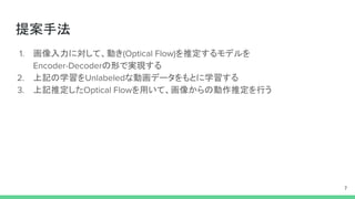 提案手法
1. 画像入力に対して、動き(Optical Flow)を推定するモデルを
Encoder-Decoderの形で実現する
2. 上記の学習をUnlabeledな動画データをもとに学習する
3. 上記推定したOptical Flowを用いて、画像からの動作推定を行う
7
 
