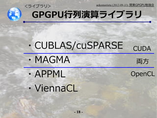 - 18 -
aokomoriuta (2012-09-11): v|GPGPU㏊
GPGPU饤֥
饤֥ꣾ
?CUBLAS/cuSPARSE
?MAGMA
?APPML
?ViennaCL
CUDA
OpenCL
I
 