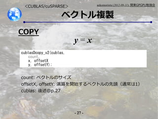- 27 -
aokomoriuta (2012-09-11): v|GPGPU㏊
٥ȥ}u
CUBLAS/cuSPARSE
cublasDcopy_v2(cublas,
count,
x, offsetX
y, offsetY);
count: ٥ȥΥ
offsetX, offsetY: _ʼ٥ȥ^ͨ1
cublas: p.27
COPY
y = x
 