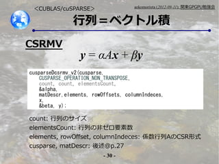 - 30 -
aokomoriuta (2012-09-11): v|GPGPU㏊
У٥ȥe
CUBLAS/cuSPARSE
cusparseDcsrmv_v2(cusparse,
CUSPARSE_OPERATION_NON_TRANSPOSE,
count, count, elementsCount,
&alpha,
matDescr,elements, rowOffsets, columnIndeces,
x,
&beta, y);
y = Ax + y
count: ФΥ
elementsCount: ФηǥҪ
elements, rowOffset, columnIndeces: SACSRʽ
cusparse, matDescr: p.27
CSRMV
 