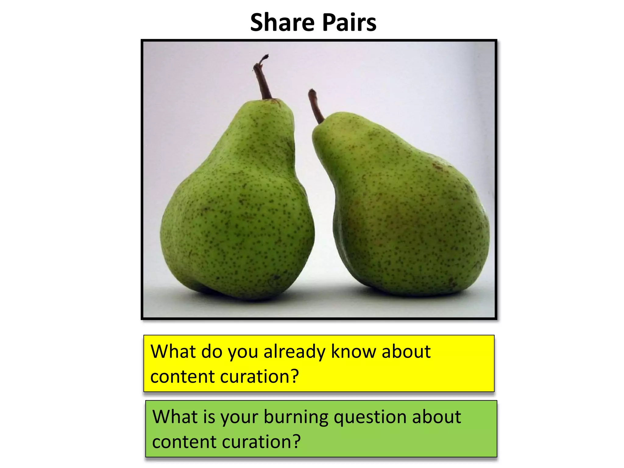 What is your burning question about
content curation?
What do you already know about
content curation?
Share Pairs
 
