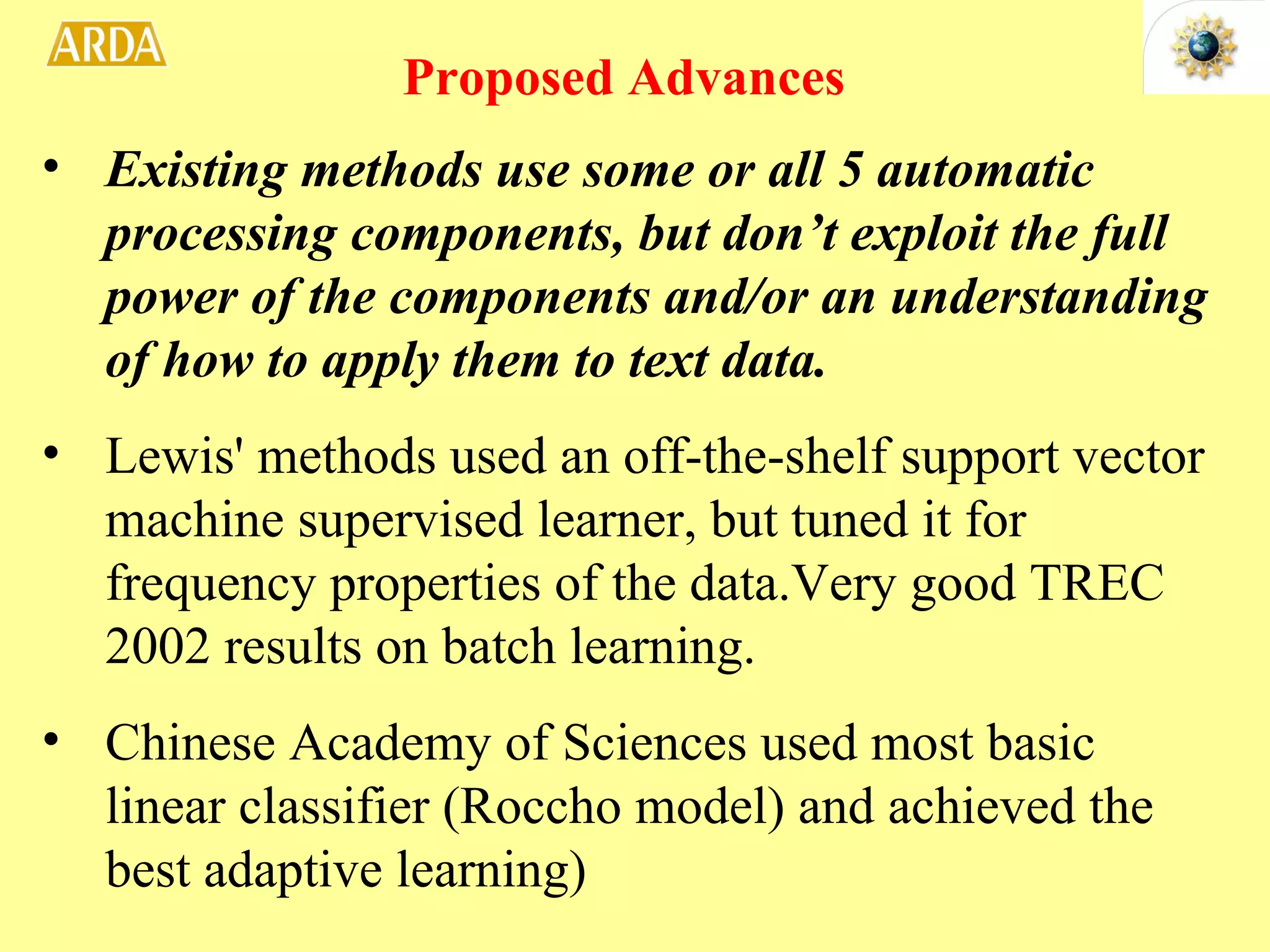 Existing methods use some or all 5 automatic processing components, but don’t exploit the full power of the components and/or an understanding of how to apply them to text data. Lewis' methods used an off-the-shelf support vector machine supervised learner, but tuned it for frequency properties of the data.Very good TREC 2002 results on batch learning. Chinese Academy of Sciences used most basic linear classifier (Roccho model) and achieved the best adaptive learning)  Proposed Advances 