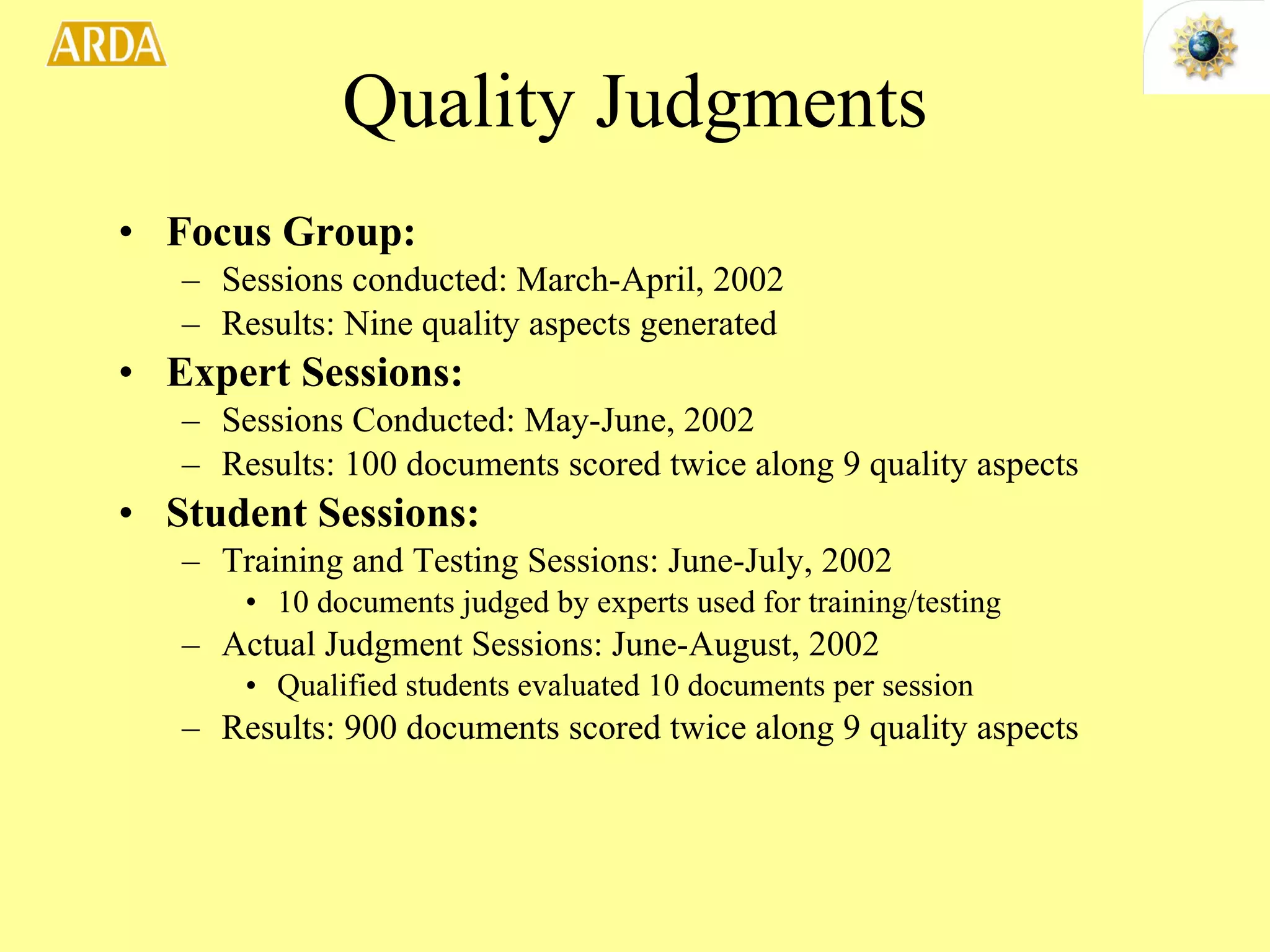 Quality Judgments Focus Group: Sessions conducted: March-April, 2002 Results: Nine quality aspects generated Expert Sessions: Sessions Conducted: May-June, 2002 Results: 100 documents scored twice along 9 quality aspects Student Sessions: Training and Testing Sessions: June-July, 2002 10 documents judged by experts used for training/testing Actual Judgment Sessions: June-August, 2002 Qualified students evaluated 10 documents per session Results: 900 documents scored twice along 9 quality aspects 