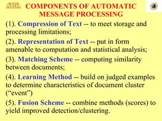 COMPONENTS OF AUTOMATIC MESSAGE PROCESSING (1).  Compression of Text  -- to meet storage and processing limitations; (2).  Representation of Text  -- put in form amenable to computation and statistical analysis; (3).  Matching Scheme  -- computing similarity between documents; (4).  Learning Method  -- build on judged examples to determine characteristics of document cluster (“event”) (5).  Fusion Scheme  -- combine methods (scores) to yield improved detection/clustering.  
