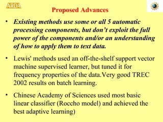 Existing methods use some or all 5 automatic processing components, but don’t exploit the full power of the components and/or an understanding of how to apply them to text data. Lewis' methods used an off-the-shelf support vector machine supervised learner, but tuned it for frequency properties of the data.Very good TREC 2002 results on batch learning. Chinese Academy of Sciences used most basic linear classifier (Roccho model) and achieved the best adaptive learning)  Proposed Advances 