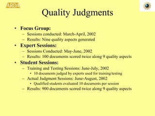 Quality Judgments Focus Group: Sessions conducted: March-April, 2002 Results: Nine quality aspects generated Expert Sessions: Sessions Conducted: May-June, 2002 Results: 100 documents scored twice along 9 quality aspects Student Sessions: Training and Testing Sessions: June-July, 2002 10 documents judged by experts used for training/testing Actual Judgment Sessions: June-August, 2002 Qualified students evaluated 10 documents per session Results: 900 documents scored twice along 9 quality aspects 