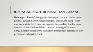 HUBUNGAN KANTOR PUSAT DAN CABANG
• Hubungan Pusat-Cabang yaitu hubungan antara kantor pusat
(utama) dengan kantor pengembangan/ perwakilan yang skala
usahanya lebih kecil dan merupakan bagian dari kantor pusat
tersebar di daerah-daerah lain. Kantor cabang tidak sama
dengan kantor agen karena keduanya mempunyai persamaan dan
perbedaan sebagai berikut:
 