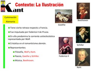 Culminación
Alemania
Tiene cierto retraso respecto a Francia.
Fue impulsada por Federico II de Prusia.
En ella predomina la corriente antieclesiástica
representada por Wolf.
Cristaliza en el romanticismo alemán.
Representantes:
Filosofía, Wolf y Kant.
Poesía, Goethe y Schiller.
Música, Beethoven.
Beethoven
Goethe
Schiller
Federico II
Kant
 
