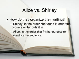 Alice vs. Shirley How do they organize their writing? Shirley: in the order she found it, order the source writer puts it in Alice:  in the order that fits her purpose to convince her audience 