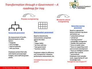 Transformation through e-Government – A
                 roadmap for Iraq


                                Process re-engineering                            Mindset & cultural
                                                                                   re-engineering

                                                                                                       Networked, learning
                                                                                                          government
                                                                                                    Based on appropriate
          Bureaucratic government               ‘Best practice’ government                          balance between top-down
                                                                                                    and bottom-up
                                                Based on benchmarks,                                * networked and local
          No measurement of results.            measurement, comparison                             * ‘joined-up’
          Rewards based on other                against the ideal:                                  * ‘learning practice’
          factors:                              * ROI                                               * knowledge management
          * longevity                           * league tables                                     * flexible and responsive
          * size of budget                      * do more with less                                 * focus on public value
          * level of authority                  * lean government                                   * focus on supporting social
          * who you know                        * business models                                   and economic development
                                                                                                    * focus on intelligent content
          Employees protect their jobs          Employees subject to efficiency                     (rather than control)
          and empires pursuing larger           and ‘transparency’ initiatives,                     * personalised
          budgets, more staff and greater       performance measurement, etc.                       Employees most valuable
          power.                                                                                    asset, supported by ICT and
                                                Immediate Focus over next 5                         knowledge tools.
                                                years??                                         Foresight for next 10 years???


© Vikas Kanungo, 2011, All Rights Reserved                                                                   UNDP India, April 25,2011
 