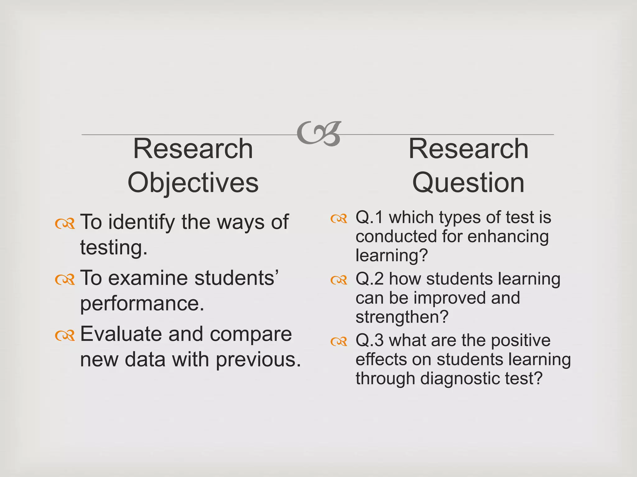 Research
Objectives
 To identify the ways of
testing.
 To examine students’
performance.
 Evaluate and compare
new data with previous.
Research
Question
 Q.1 which types of test is
conducted for enhancing
learning?
 Q.2 how students learning
can be improved and
strengthen?
 Q.3 what are the positive
effects on students learning
through diagnostic test?
 