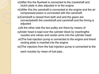 vii)After this the flywheel is connected to the crankshaft and
clutch plate is also adjusted in to the engine.
viii)After this the camshaft is connected to the engine and the air
compressed piston is connected with the camshaft.
ix)Camshaft is closed from both end and the gears are
connectedwith the crankshaft and camshaft and the timing is
adjusted
.x)At the other side the two pulley are there by means of
cylinder head is kept over the cylinder block by insertingthe
nozzles and valves and rocker arms into the cylinder head
.xii)The fuel injection pump is connected to the engine and theoil
cooling plate is inserted into the engine.
xiii)The injectors from the fuel injection pump is connected to the
each nozzles by mean of fuel pipe.
 