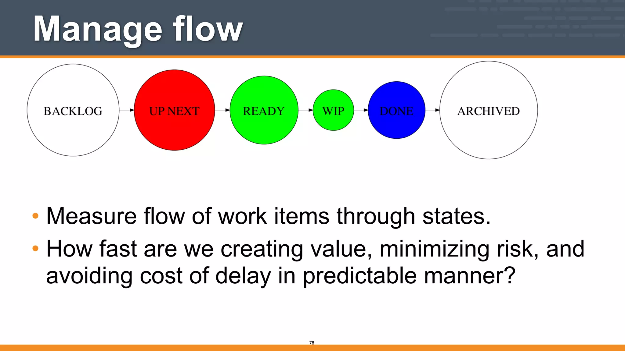 Manage flow
• Measure flow of work items through states.
• How fast are we creating value, minimizing risk, and
avoiding cost of delay in predictable manner?
78
 