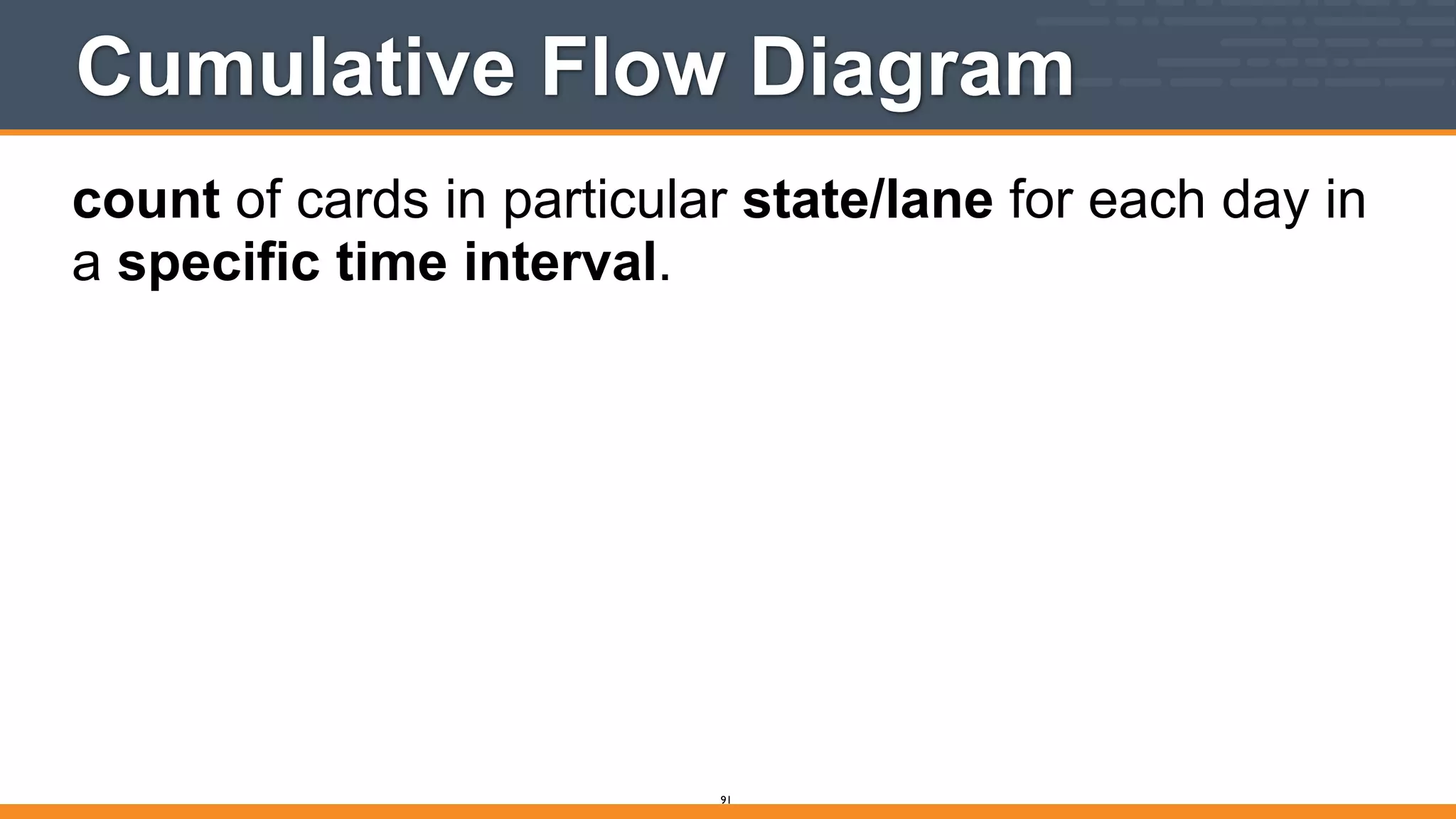Cumulative Flow Diagram
count of cards in particular state/lane for each day in
a specific time interval.
91
 