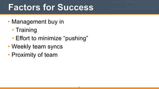 Factors for Success
• Management buy in
• Training
• Effort to minimize “pushing”
• Weekly team syncs
• Proximity of team
21
 