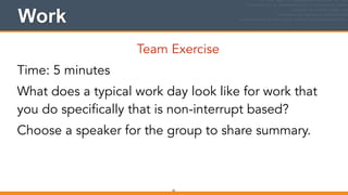 Work
Team Exercise
Time: 5 minutes
What does a typical work day look like for work that
you do specifically that is non-interrupt based?
Choose a speaker for the group to share summary.
32
 