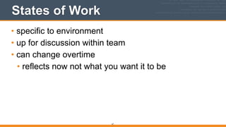 States of Work
• specific to environment
• up for discussion within team
• can change overtime
• reflects now not what you want it to be
67
 