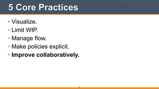 5 Core Practices
• Visualize.
• Limit WIP.
• Manage flow.
• Make policies explicit.
• Improve collaboratively.
82
 