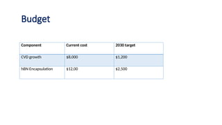 Budget
Component Current cost 2030 target
CVD growth $8,000 $1,200
hBN Encapsulation $12,00 $2,500
 