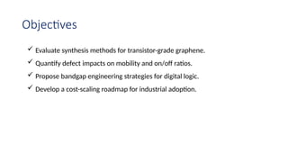 Objectives
 Evaluate synthesis methods for transistor-grade graphene.
 Quantify defect impacts on mobility and on/off ratios.
 Propose bandgap engineering strategies for digital logic.
 Develop a cost-scaling roadmap for industrial adoption.
 