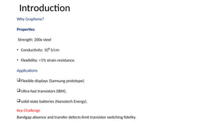 Introduction
Why Graphene?
Properties
Strength: 200x steel
• Conductivity: 10⁶ S/cm
• Flexibility: <1% strain resistance.
Applications
Flexible displays (Samsung prototype)
Ultra-fast transistors (IBM),
solid-state batteries (Nanotech Energy).
Key Challenge
Bandgap absence and transfer defects limit transistor switching fidelity.
 