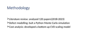 Methodology
Literature review: analysed 120 papers(2018-2023)
Defect modelling: bult a Python Monte Carlo simulation
Cost analysis: developed a bottom up CVD scaling model
 