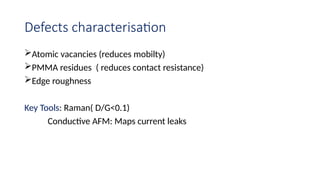 Defects characterisation
Atomic vacancies (reduces mobilty)
PMMA residues ( reduces contact resistance)
Edge roughness
Key Tools: Raman( D/G<0.1)
Conductive AFM: Maps current leaks
 