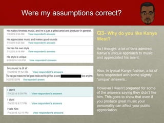 Were my assumptions correct?
Q3- Why do you like Kanye
West?
As I thought, a lot of fans admired
Kanye’s unique approach to music
and appreciated his talent.
Also, in typical Kanye fashion, a lot of
fans responded with some slightly
“unique” answers..
However I wasn’t prepared for some
of the answers saying they didn’t like
him. This goes to show that even if
you produce great music your
personality can affect your public
appreciation.
 