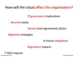 Understanding PaaSServices to develop, test, deploy, hostWeb based user interfaceMulti-tenant architectureIntegration with web services and databasesSupport for development team collaborationUtility-grade instrumentationwww.diversity.net.nz 							twitter @benkepes