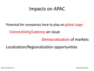 How will the cloud affect the organisation?IT governance implicationsSecurity needsService level agreements (SLAs)Migration strategies						In-house integrationRegulatory impactsIT Role impactswww.diversity.net.nz 							twitter @benkepes