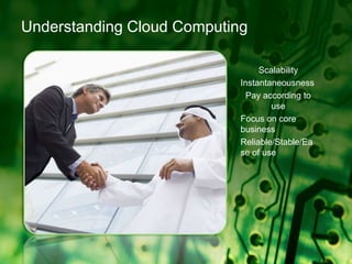 Understanding Cloud ComputingScalabilityInstantaneousnessPay according to useFocus on core businessReliable/Stable/Ease of use