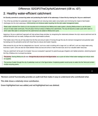 13

‘Revision control’ functionality provides an audit trail that makes it easy to
understand who contributed what.

This slide shows a relatively minor contribution.

Green highlighted text was added, and red highlighted text was deleted.
 