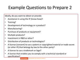 UNLOCKING THE VALUE OF YOUR IP
Example Questions to Prepare 2
Ideally, do you want to obtain or provide:
• Assistance in using the IP (know-how)?
• Training?
• Development of technology or a product?
• Manufacturing?
• Purchase of products or equipment?
• Multiple products?
• Investment in R&D or other?
• Distribution of products or technologies?
• A license (consent) to use a patent or copyrighted material or trade secret
(or other IP) that belongs by law to the other party?
• A license to use a trademark or logo?
• A license that enables you to comply with a technical standard or
specification?
 