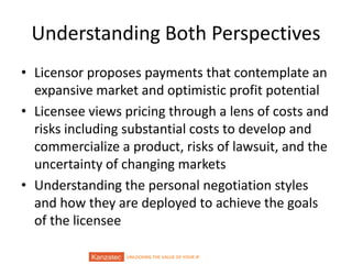 UNLOCKING THE VALUE OF YOUR IP
Understanding Both Perspectives
• Licensor proposes payments that contemplate an
expansive market and optimistic profit potential
• Licensee views pricing through a lens of costs and
risks including substantial costs to develop and
commercialize a product, risks of lawsuit, and the
uncertainty of changing markets
• Understanding the personal negotiation styles
and how they are deployed to achieve the goals
of the licensee
 