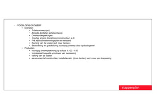 • VOORLOPIG ONTWERP
     • Diensten:
           • Schetsontwerp(en)
           • Zonodig bijstellen schetsontwerp
           • Ontwerpbesprekingen
           • Overleg andere disciplines (constructeur, e.d.)
           • Pré advies bestemmingsplan en welstand
           • Raming van de kosten (evt. door derden)
           • Beoordeling en goedkeuring voorlopig ontwerp door opdrachtgever
     • Producten:
           • voorlopig ontwerptekening op schaal 1:100 / 1:50
           • impressies/maquette voorzover van toepassing
           • raming van de kosten
           • eerste voorstel constructies, installaties etc. (door derden) voor zover van toepassing




                                                                                                       stappenplan
 