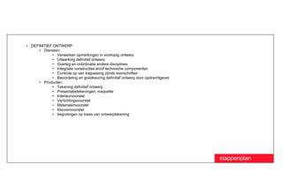 • DEFINITIEF ONTWERP
     • Diensten:
            • Verwerken opmerkingen in voorlopig ontwerp
            • Uitwerking definitief ontwerp
            • Overleg en coördinatie andere disciplines
            • Integratie constructies en/of technische componenten
            • Controle op van toepassing zijnde voorschriften
            • Beoordeling en goedkeuring definitief ontwerp door opdrachtgever
     • Producten:
            • Tekening definitief ontwerp
            • Presentatietekeningen, maquette
            • Interieurvoorstel
            • Verlichtingsvoorstel
            • Materialenvoorstel
            • Kleurenvoorstel
            • begrotingen op basis van ontwerptekening




                                                                                 stappenplan
 
