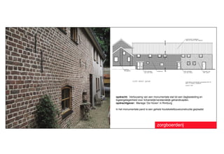 opdracht: Verbouwing van een monumentale stal tot een dagbesteding en
logeergelegenheid voor lichamelijk/verstandelijk gehandicapten.
opdrachtgever: Manege ‘De Hoven’ in Rimburg

in het monumentale pand is een gehele houtskeletbouwconstructie geplaatst




                                  zorgboerderij
 