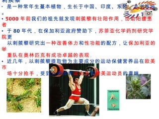 刺蒺藜 是一种常年生蔓本植物，生长于中国、印度、东欧、非洲等地。 5000 年前 我们的祖先就发现 刺蒺藜有壮阳作用，协助阳痿患者 于 80 年代，在保加利亚政府赞助下， 苏菲亚化学药剂研究学院 更  以刺蒺藜研究出 一种改善体力 和 性功能 的配方，让 保加利亚的举  重队在奥林匹克有成功卓越的表现 。 近几年，以刺蒺藜提取物为主要成分的运动保健营养品在 欧美市  场十分抢手 ，受到众多体育 运动员 和 健美运动员 的青睐。 